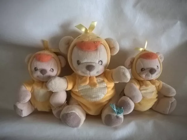 Doudou peluche ours JAUNE DEGUISE CANARD NATURE BEARRIES 16cm 13cm lot de 3