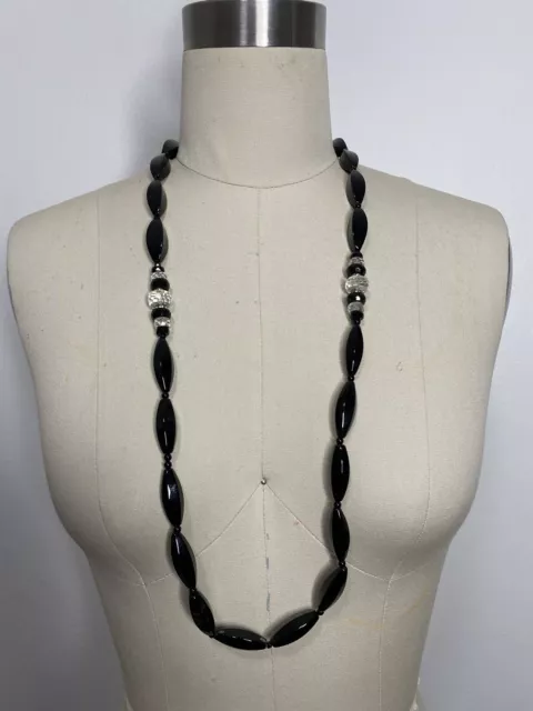 Vintage Antique Czech Cut Glass Jet Black Clear Chunky Art Deco Necklace Thick