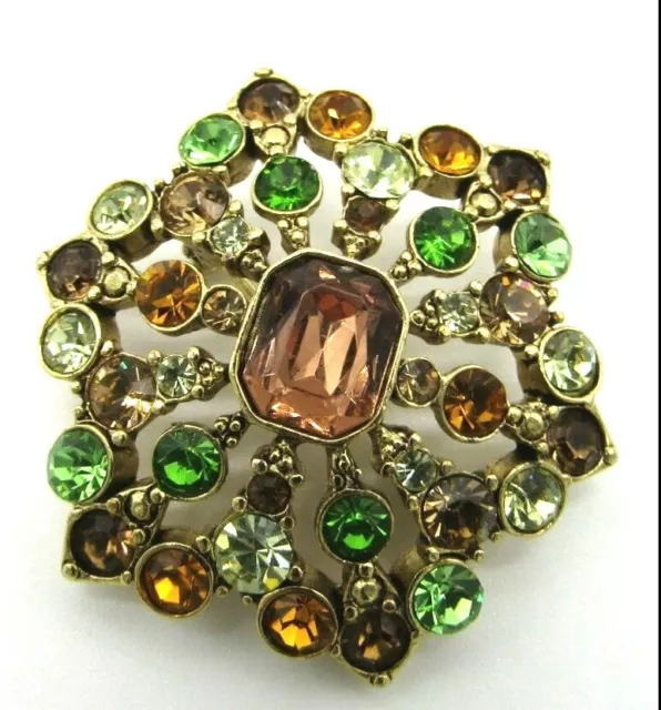 Liz Claiborne Green Amber Tones Rhinestones Rosette Gold Tone Brooch 1 1/2" D