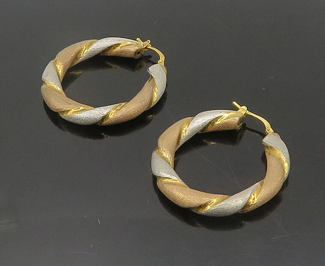 925 Silver & 14K GOLD - Vintage Three Tone Hollow Twist Hoop Earrings - EG9552