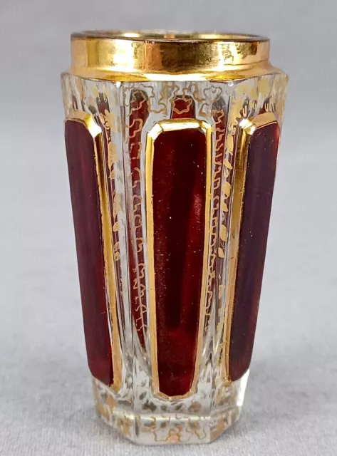 Vintage Moser Type Ruby Cut to Clear Cabochon Vermicelli Gold Gilt Cordial Glass