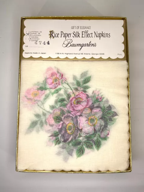 Vintage Baumgarten's Rice Paper Silk Effect Flowers 20 Cocktail Napkins 4.5”.