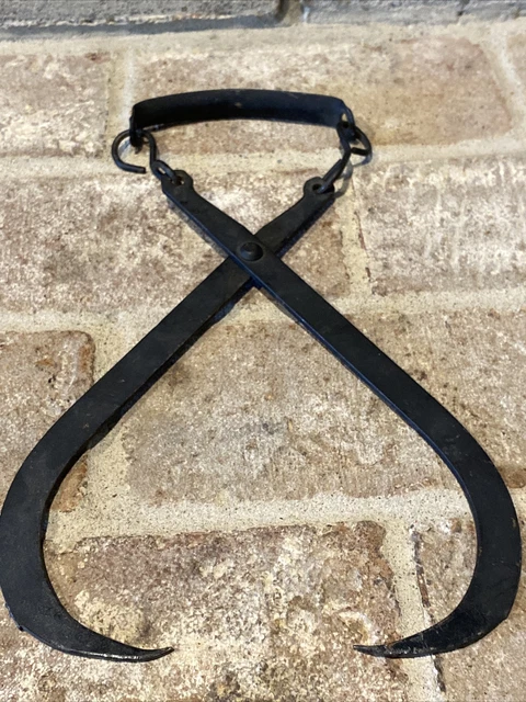 Vintage Steel Log Grabber Steel Ice Block Tongs Metal Hook Tool Chained Handle