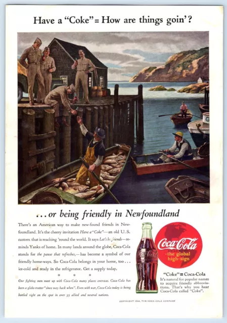 WWII Coca-Cola Friendly Newfoundland Soldiers Boat Dock 1944 Print Ad 6.75x10"