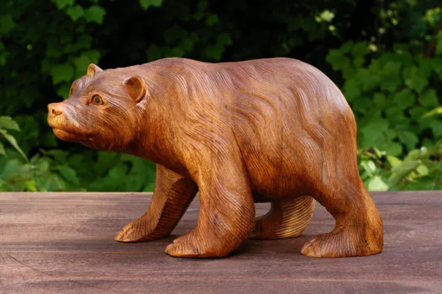 Wooden Hand Carved Bear Statue Handmade Figurine Sculpture Decor Wood Gift Art