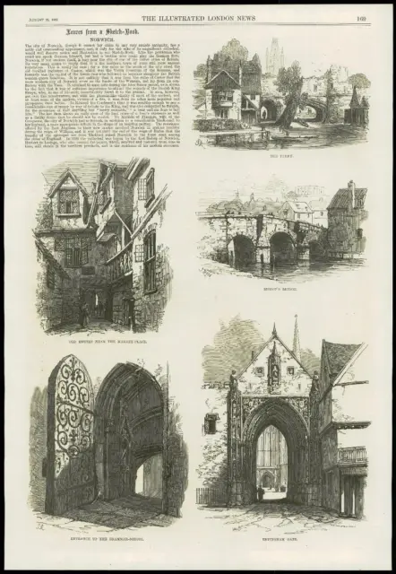 1868 Antique Print NORFOLK Norwich  Bishops Bridge Erpingham Gate    (077)