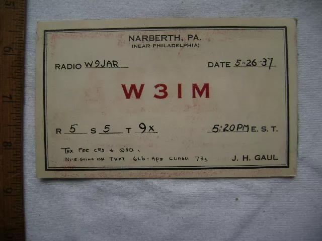 1937 QSL Sent as Postcard - W3IM, Narberth, PA.