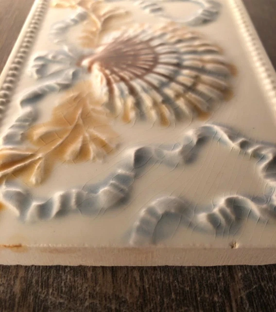 Antique Victorian Beaver Falls Art Tile Glazed Ceramic w/Scallop Seashell Ribbon 5