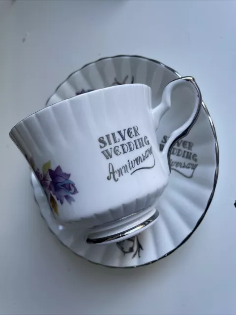 Silver Wedding Anniversary Tea Cup & Saucer Royal Stafford Bone China - Set of 2 2