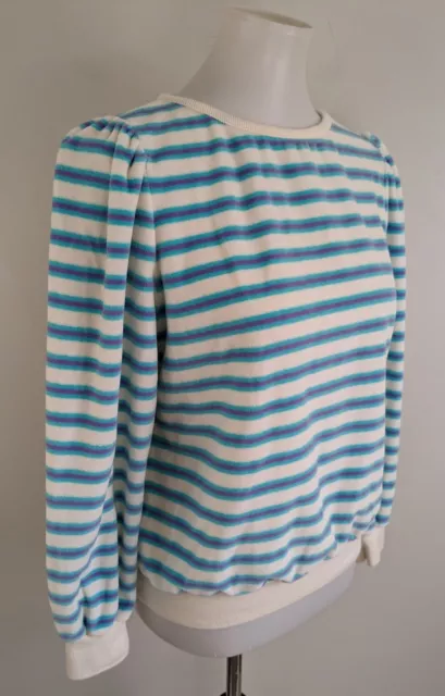 Vintage 80s Velour Stripe Pullover Top Sweatshirt Puff Shoulder S M USA Made EUC
