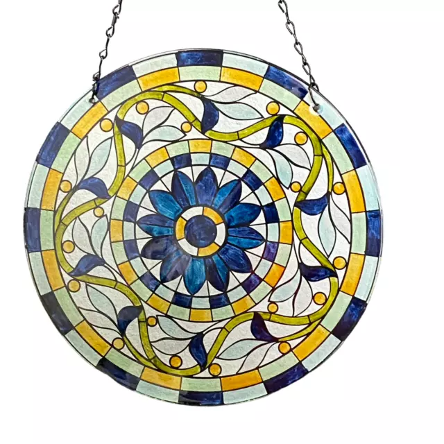 Stained Glass Suncatcher Round 12" Floral Blue Yellow Tiffany Inspired Hanging