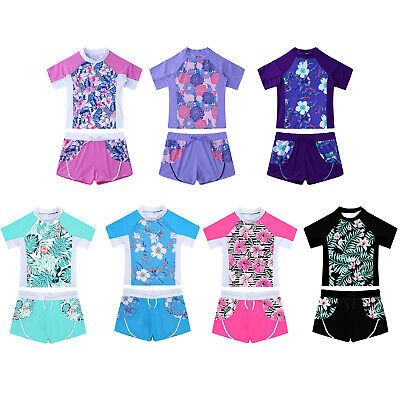 iEFiEL Mädchen Badeanzug UPF50+ UV-Schutz Kurzarm Blumen Schwimmshirt und Shorts