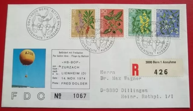 Briefmarken  Schweiz  FDC als Ballonpost  von 1974   Komp. Satz