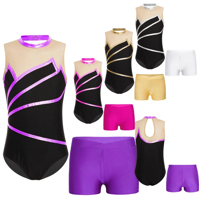 Kids Girls Leotard And Shorts V-front Bodysuit Biketard Gymnastics Toddler Set