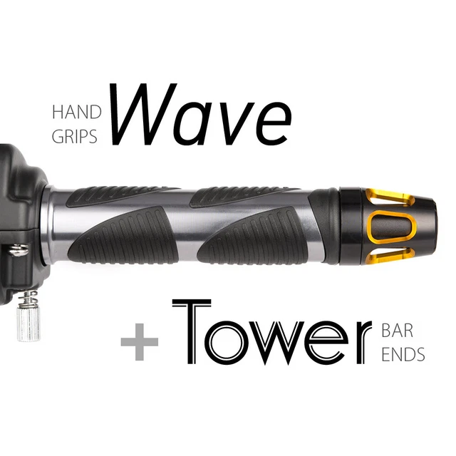 KiWAV Motorcycle Wave Grips Dark Gray with Tower Bar Ends Gold/Black
