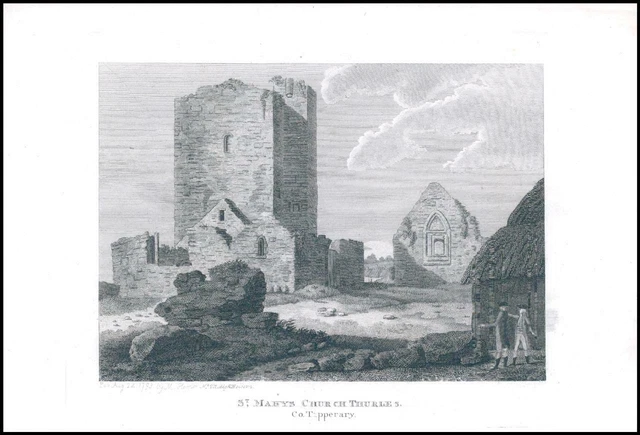 1797 Antique Engraving IRELAND View ST MARY'S CHURCH THURLES Co.Tipperary (IG95)