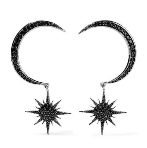 Black Diamond Star & Crescent Moon Earring 925 Sterling Silver Gift jewelry