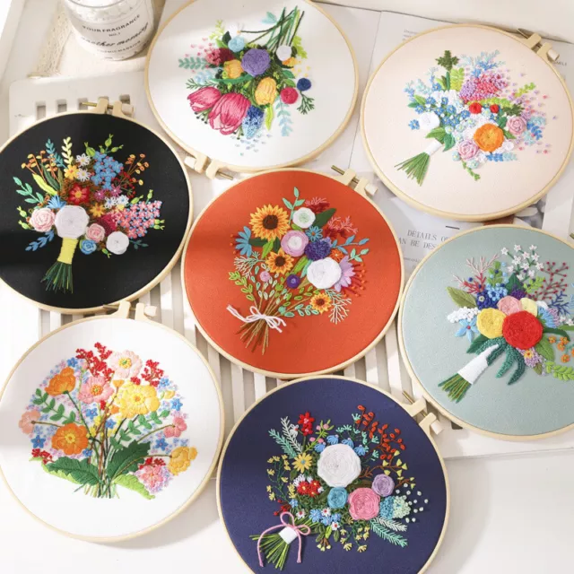 DIY Flowers Pattern Embroidery Kits Craft Beginner Needlepoint Hoop Cross Stitch