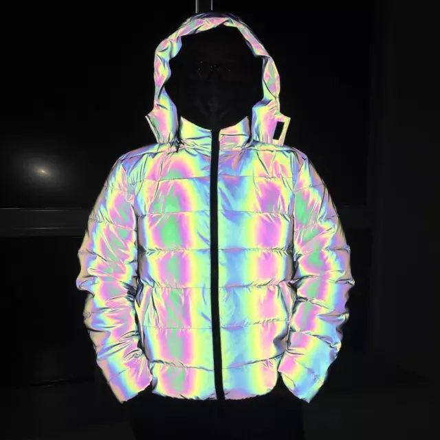 Men /Women Colorful Coat Reflective Plush Thickened Rainbow Glow Down Jacket as