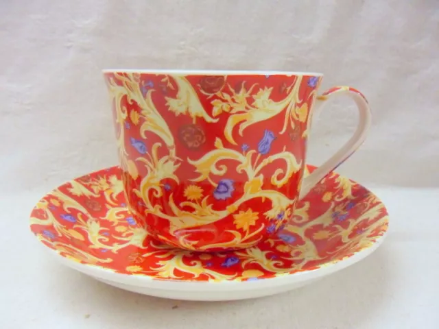 Large size breakfast cup and saucer in Georgian red tapestry  design