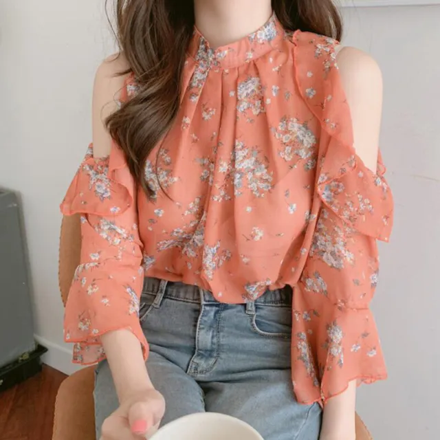 Womens Korean Floral Loose Flare Sleeve Tops Summer Chiffon Cold Shoulder Shirts
