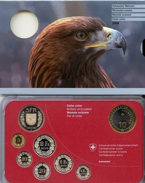 SWITZERLAND 8-COIN FLEUR-de-COINS SET 2008 GEM BEAUTY W/10F BIMETALLIC EAGLE