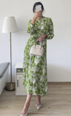 Zara Nwt Ss22 Woman Midi Belted Printed Dress Flowy Green | 5216/046