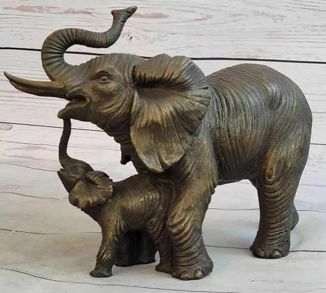 Elephant Mom with Her Cub by Lost Wax Bronze Sculpture Figurine Statue Decor 3