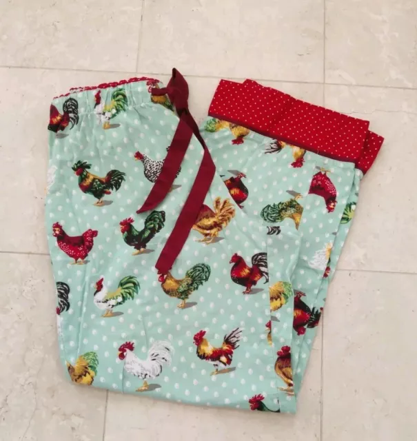 Nick & Nora Women's Pajama Pants  Large Rooster Chickens Polka Dot Flannel Rare