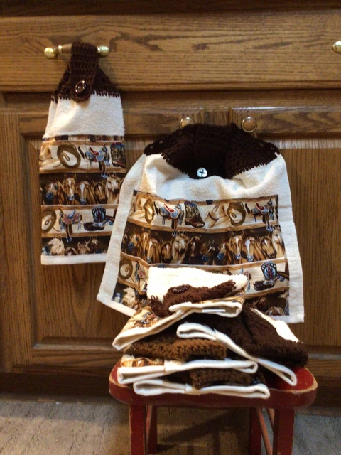 Horse Boots Saddle Hat Rope Kitchen Hanging Hand Towel Crochet Handmade