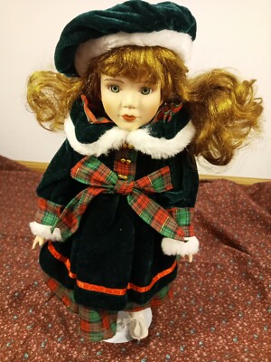 Christmas Porcelain Doll Plaid Dress, Brown Hair,  Green Eyes, simba toys