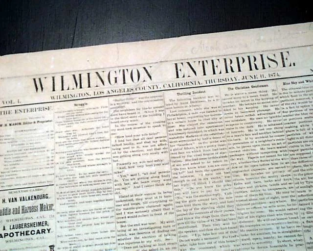 Rare WILMINGTON Los Angeles County Harbor Region CALIFORNIA 1874 old Newspaper