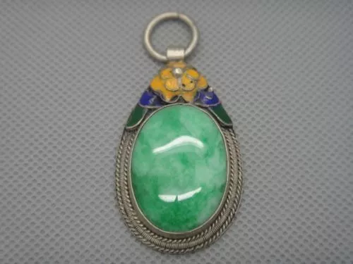 Collectibles Old Decorated Handwork tibet Silver Inlay Jade cloisonne Pendant 2