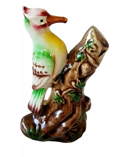 Woodpecker Figurine Ceramic 4"  Bird On Limb - Green with Red Head