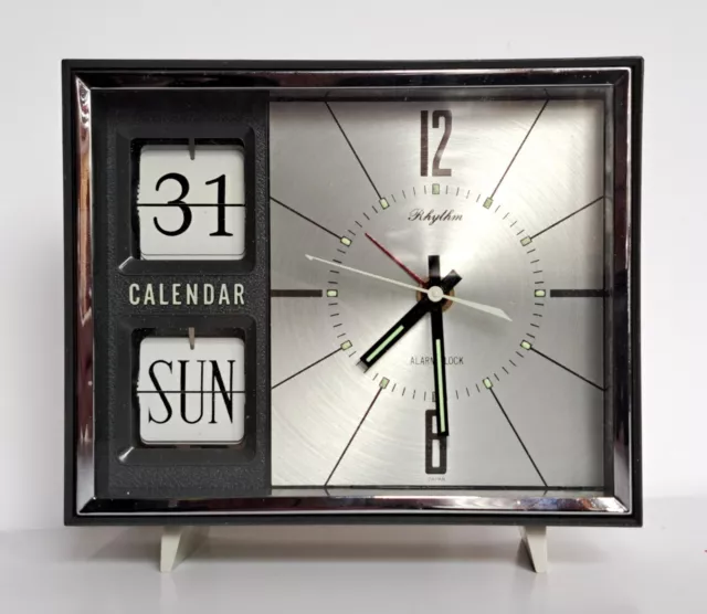 VINTAGE RHYTHM JAPAN 1960s 70s MID CENTURY MODERN DESK FLIP CALENDAR ALARM CLOCK