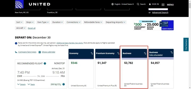 New York to Frankfurt United Airlines Dec 30, 2023 one way Business Class