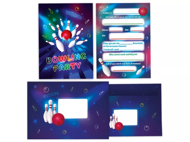 Einladungskarten Bowling mit Umschlägen Kegeln Karten inkl. Tüten Aufkleber neon 2