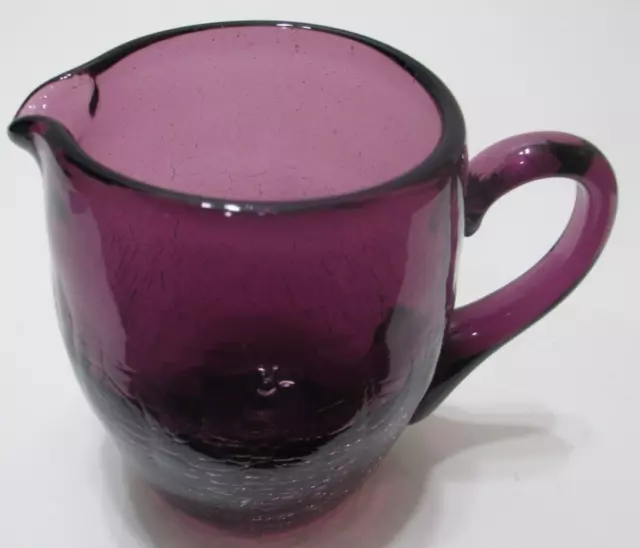 Vintage Pilgrim Glass Pitcher Hand Blown Crackle Glass Purple Mid Century 4" T