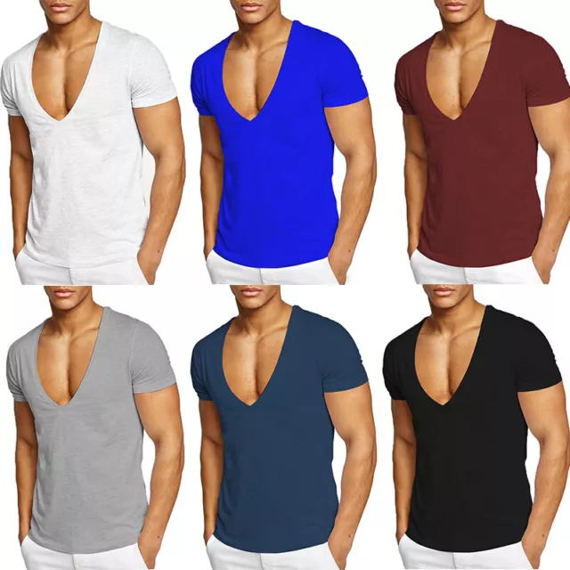 Haut Chemise Tunique T-Shirt T-Shirts Pull Col V Profond Court Manche Slim Fit *