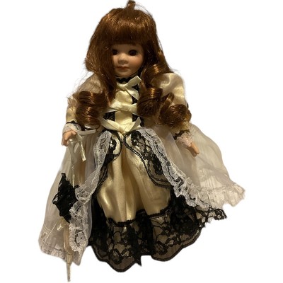 Porcelain Petite 8" vtg display doll Brown Eyes Brunette laced dress boots