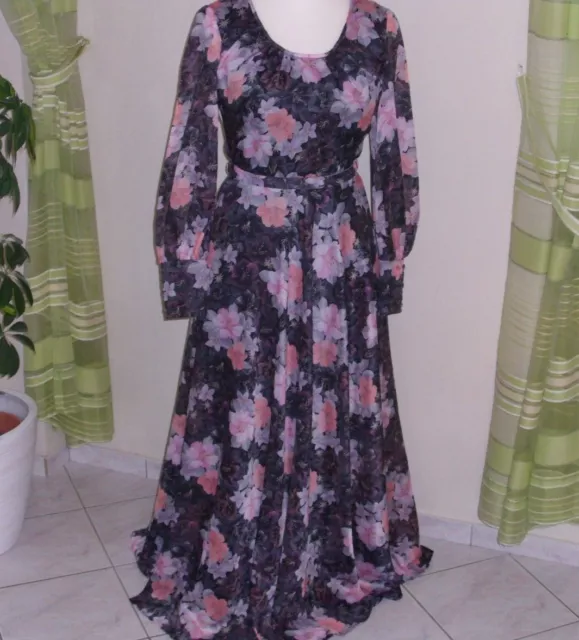 Maxikleid orig. 70er Jahre Abendkleid Kleid lang Chiffon Vintage Langarm Gr. 38