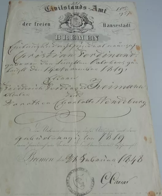 Geburtsbrief BREMEN 1848 Christian F. REIMANN (*1819), Signatur Gerhard CAESAR