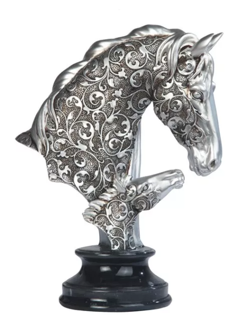 10"H Decorative Craved Silver Horse Head Bust Figurine with Base
