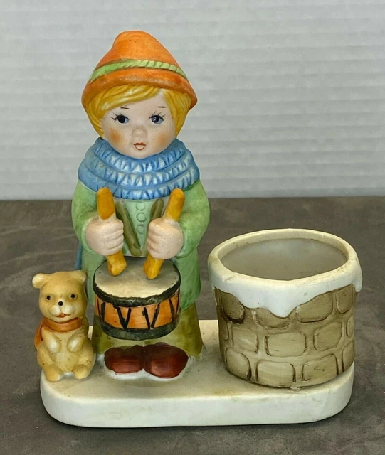 Vintage 1980 Drummer Boy Dog w Basket Votive Candle Holder Porcelain Figurine