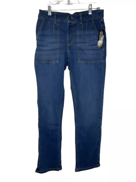 Pantalones de mezclilla Denim & Co. fáciles de estirar pierna recta azul lavado mediano talla 10 nuevos