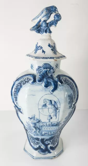 Antique Dutch 18th Century Delft Hexagonal Garniture Vase with Parrot Signed