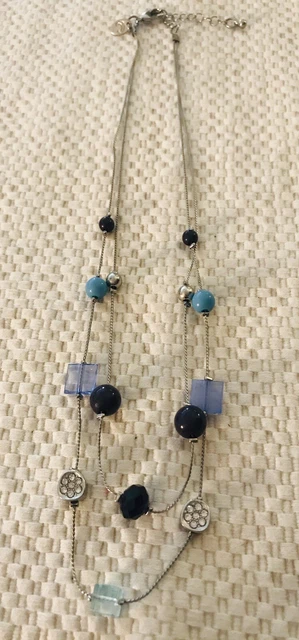 Charming Charlie Silver Tone Faux Blue Silver Bead Double Strand Necklace 20”