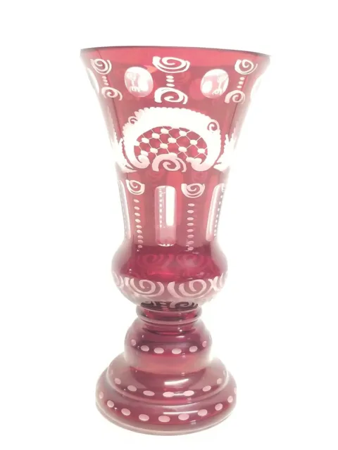 Vintage Egermann Ruby Red Glass Vase Cut To Clear Crystal Bohemian Czech 8" Inch