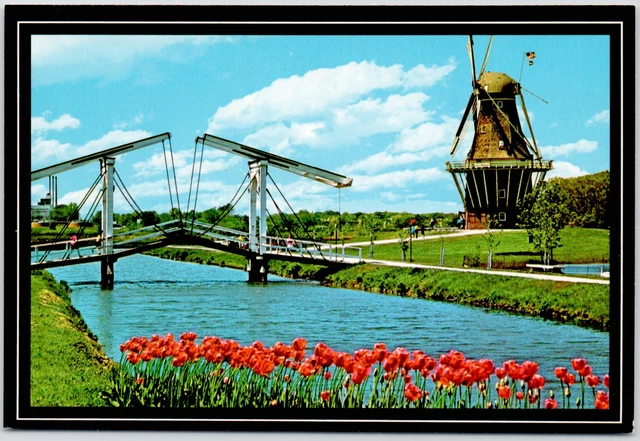 Holland Michigan Draw Bridge Canal Tulips Dutch DeZwaan Windmill MI USA Postcard