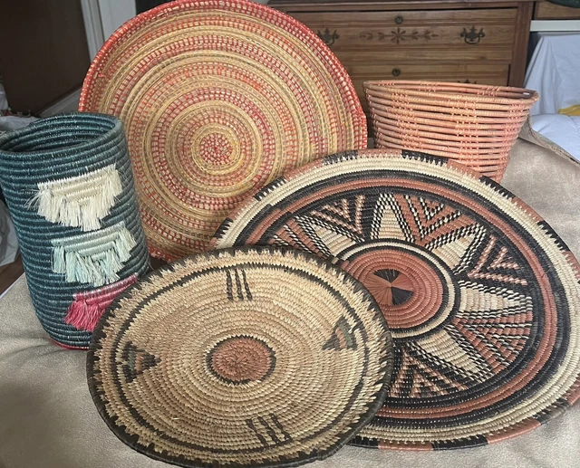 Vtg African Hausa Tribal Handmade Polychrome Coil Baskets Lot Of 5 Folk Art